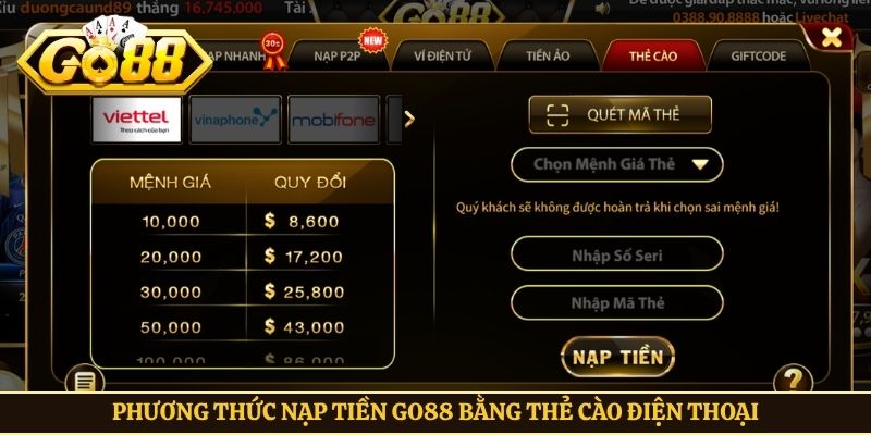 Phương thức nạp tiền Go88 bằng thẻ cào điện thoại